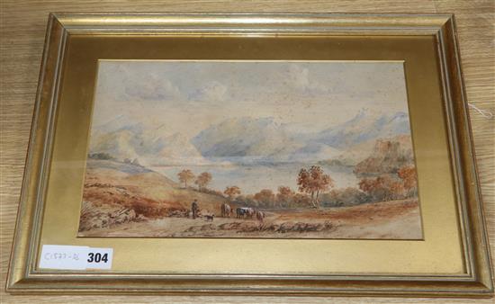 Copley Fielding, watercolour, Cowherd in a landscape, signed and dated 1827, 22 x 38cm